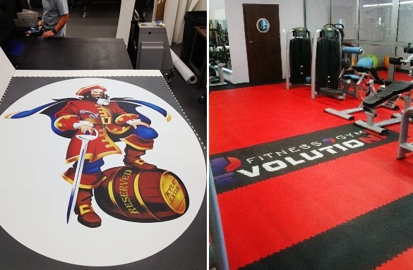 Two pictures of a gym with the floor and wall decals.