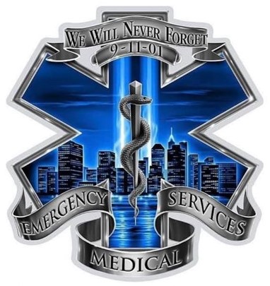A blue and white cross with the words " emergency services medical ".